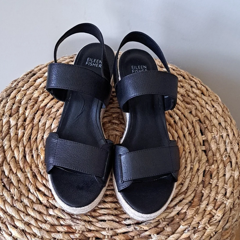 NWOT EILEEN FISHER Womens Winnie Black Leather Wedge Espadrille Platform Sandals